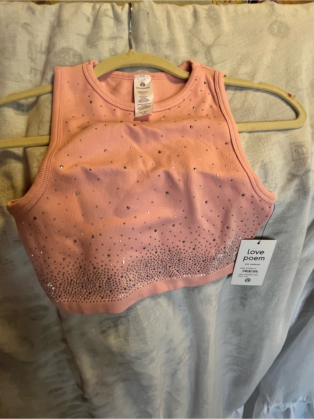Love Poem Pink Rhinestone Ribbed Cropped Tank